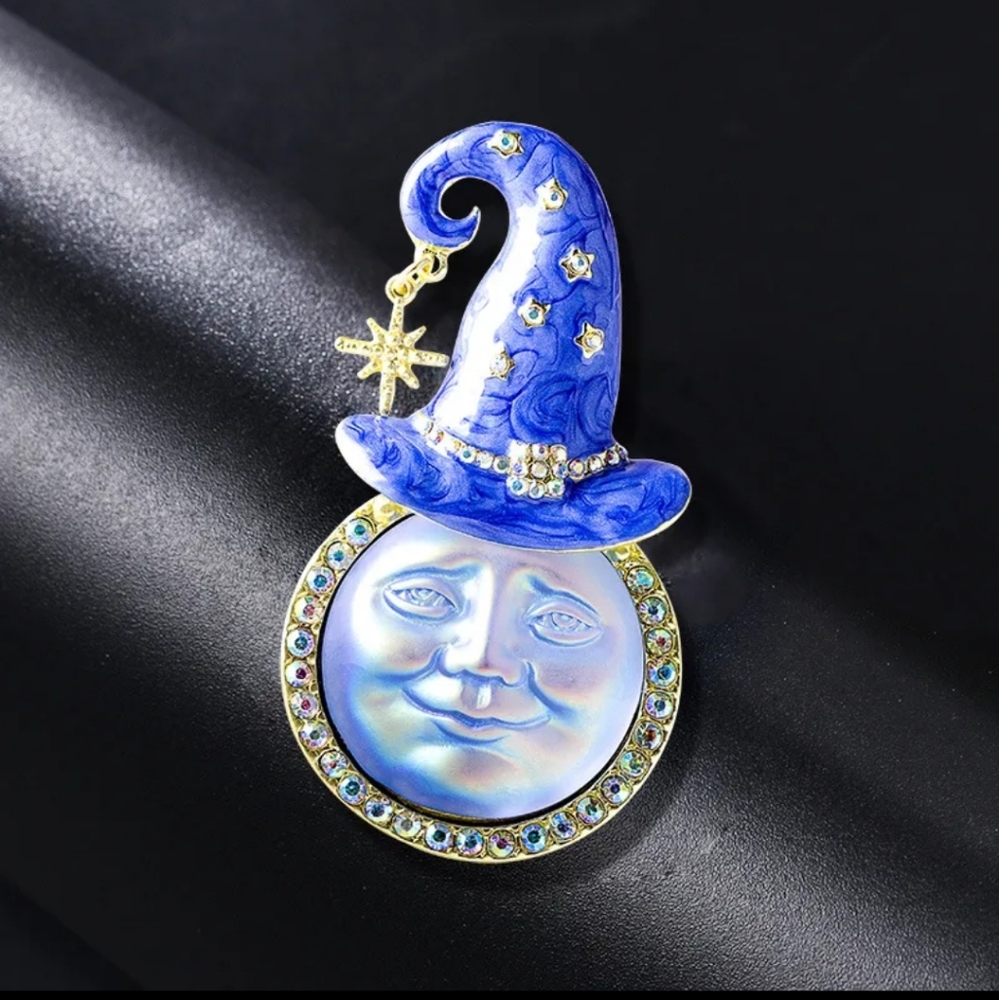 Moon Witch brooch pin enamel vintage style New 18k GP Swarovski crystals Ab - Picture 9 of 13